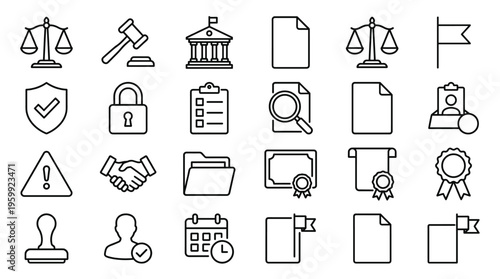 Set of 25 Legal and Law Line Icons Vector