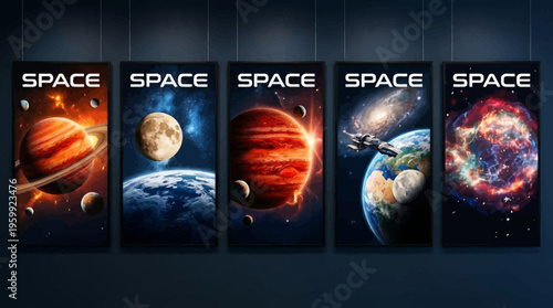 a series of space posters with planets.
