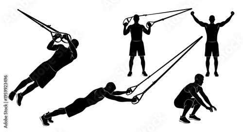 Fitness silhouette: Man doing TRX suspension training exercises, workout variations