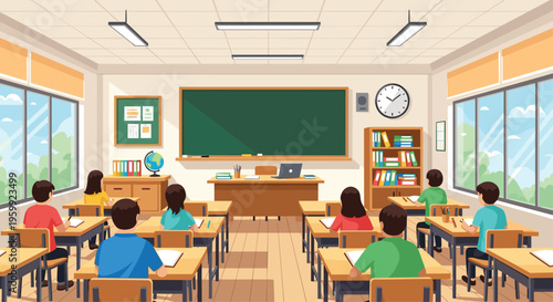 Classroom full of students is shown from the back as they sit at wooden desks and focus on their work during a lesson with a large blackboard.