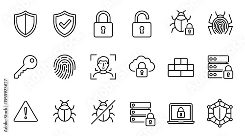 Set of 15 Black Outline Cybersecurity and Data Protection Icons Vector