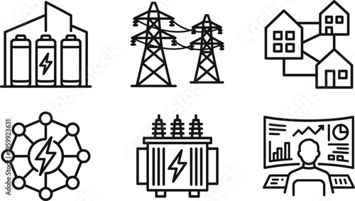 Electrical grid management icons set including battery banks power lines smart home networks and technical monitoring