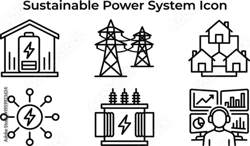 Sustainable power system icon set featuring energy storage towers transmission lines and smart grid monitoring symbols