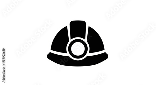 Iconic Black and White Miners Helmet with Headlamp Illustration.