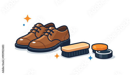 Shoe cleaning routine inspired by cultural habits of maintaining neat appearance before leaving home, a pair of shoes paired with a brush and a small polish container element