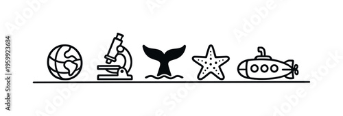 Ocean exploration and marine biology research representing study of aquatic species, underwater habitats, and scientific discovery in global seas, whale tail, microscope, wave