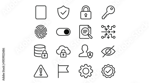 Set of 16 Black Line Security and Data Protection Icons Vector