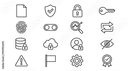 Set of 16 Data Security and Privacy Line Icons Vector