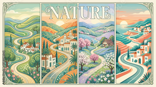 A scenic view of rolling hills and countryside villages.