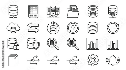 Set of 24 Database and Data Management Line Icons Vector