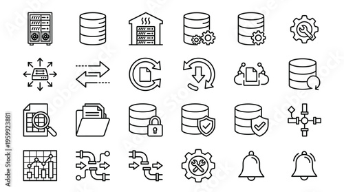 Set of 24 Outline Database and Data Storage Icons Vector