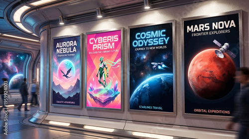 Futuristic space travel posters on display.