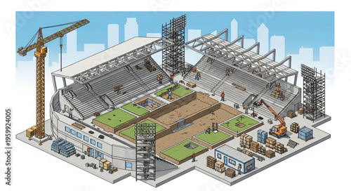 Aerial isometric view of a stadium under construction with cranes.