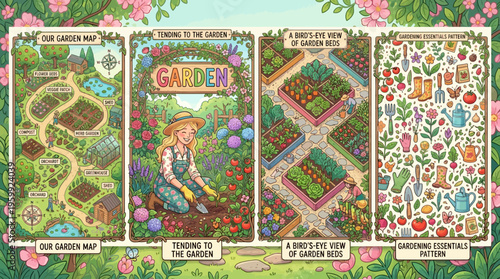 Vibrant illustrations of gardening and flower arrangements.