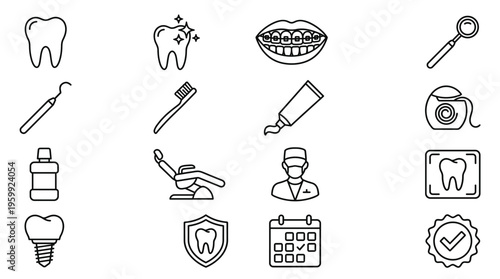 Set of 16 Dental and Oral Care Line Icons Vector