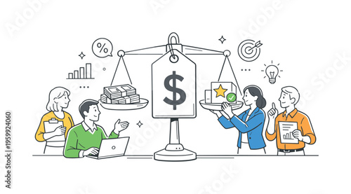 A pricing strategy and value optimization scene showing a business team evaluating offers and adjusting pricing models together around a large price tag and a simple scale, using