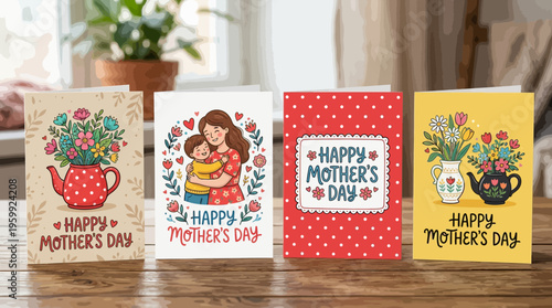 Four Happy Mother's Day greeting cards on table.