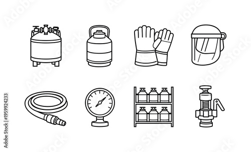 Cryogenic laboratory equipment: cryogenic tank, liquid nitrogen dewar, insulated gloves, face shield mask, transfer hose, pressure gauge, storage rack, safety valve