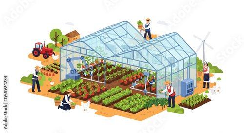 Smart Farming Ecosystem: Robotic Greenhouses & Traditional Farmers Cultivating Sustainable Crops with Modern Agriculture Technology