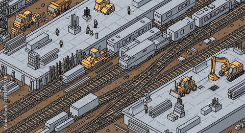 Freight train flatcars loaded with construction equipment and machinery.