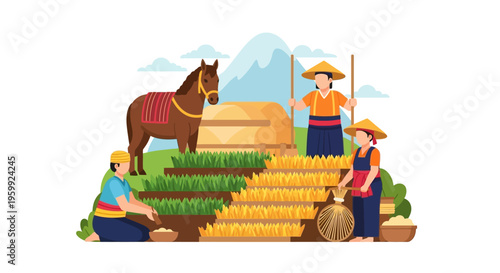 Traditional Asian Farmers Harvesting Rice in Terraced Fields with a Horse, Illustrating Sustainable Agriculture and Rural Livelihood