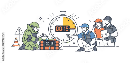 An emergency response context where specialists manage dangerous situations involving explosive threats using precise and controlled techniques, represented by a small group