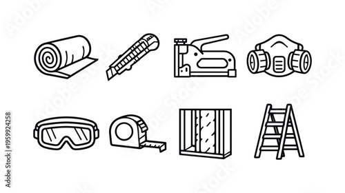 Glass fiber insulation installation: insulation roll, utility knife, staple gun, protective mask, safety goggles, measuring tape, wall cavity, ladder