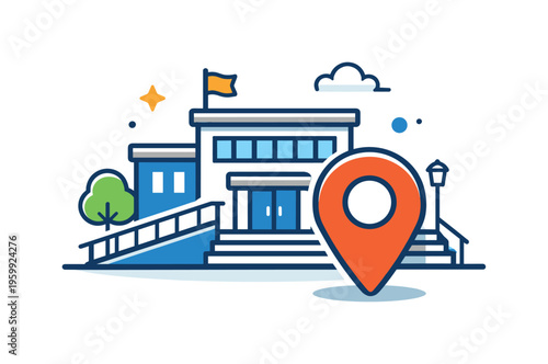 Higher education institution exterior highlighting architecture and accessibility for students and visitors in a modern campus layout, a building facade with a simple entrance