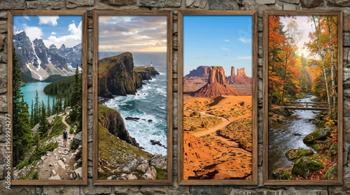Collage of four scenic landscapes with mountains, ocean, desert and forest.