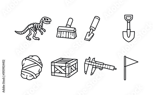 Paleontology excavation tools: fossil skeleton, digging brush, rock chisel, field shovel, plaster jacket, specimen crate, measuring caliper, site flag marker