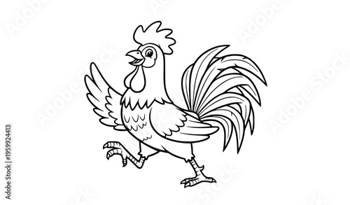 Cartoon Rooster Coloring Page with Fun Walking Pose Farm Bird Outline Vector for Kids Activity