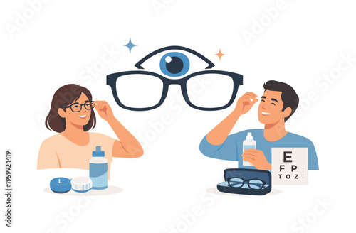 Corrective vision solutions and everyday eye care for improved quality of life, represented by a pair of eyeglasses combined with a simple eye icon and a gentle sparkle element