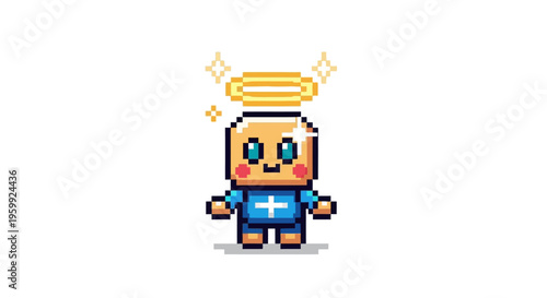 Pixel Art Angel Character with Halo and Wings.