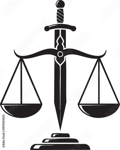 A black illustration of a sword intersecting scales on a stone base