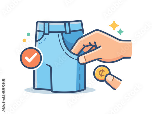 Checking pockets before doing laundry as part of a small but important household habit focused on preventing mistakes and maintaining order, a pair of pants with a hand and a small