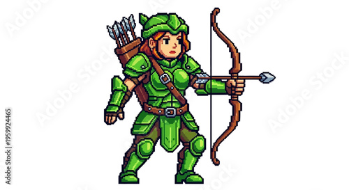 Pixel Art Archer Warrior Woman Ready to Shoot.