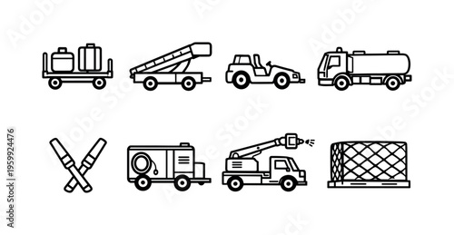 Airport ground handling equipment: baggage cart, conveyor belt loader, pushback tug, fuel truck, marshalling wands, ground power unit, deicing spray truck, cargo pallet