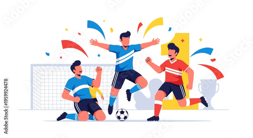 Three male soccer players celebrating a triumphant victory on the field with confetti, a trophy, and the number one sign.