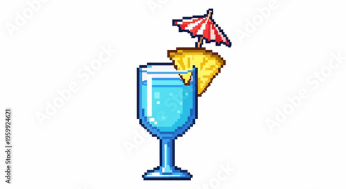 Pixel Art Blue Cocktail with Pineapple and Umbrella.