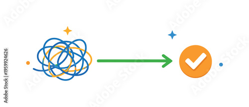 Clarity in complex situations and simplifying information for better decisions in work or life, a tangled line transforming into a straight path next to a small checkmark
