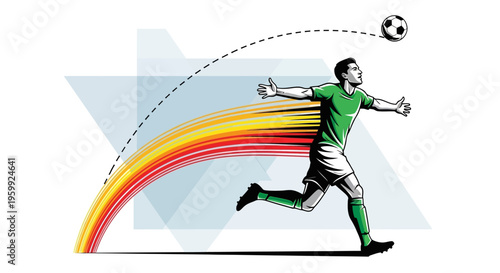 A soccer player in a green jersey runs with arms outstretched, chasing a soccer ball in mid-air, depicted with a vibrant speed trail and abstract background elements.