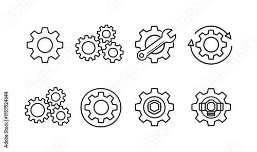 Gear mechanism system: cogwheel, interlocking gears, gear with wrench, rotating gear arrows, machine gear set, gear inside circle, industrial gear, gear with bolt