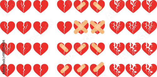 Broken Heart and Healing Icons Vector Set with Cracked Love Symbols, Bandaged Hearts and Relationship Recovery Illustration Collection