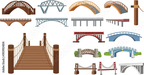 Bridge Types Vector Set with Wooden, Arch, Suspension and Modern Bridge Designs, Infrastructure Architecture Illustration Collection