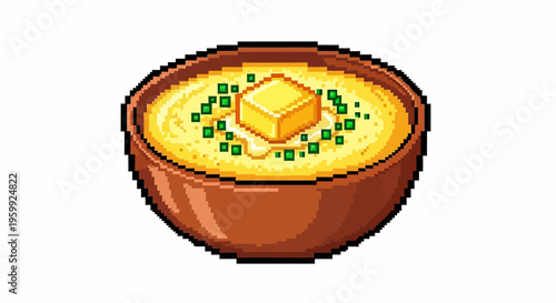 Pixel Art Bowl of Creamy Mashed Potatoes with Butter and Chives.