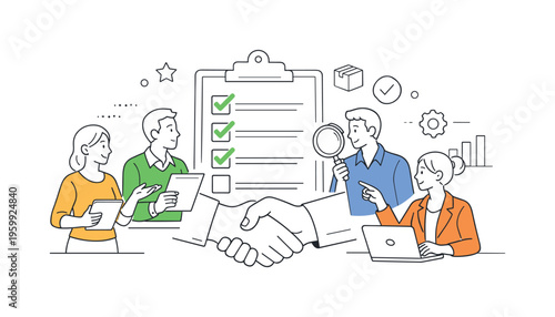 A vendor management and supplier evaluation scene showing procurement teams reviewing partners and making decisions together around a large checklist and a simple handshake, using