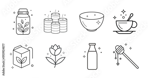 Tea and herbal leaf outline icon set featuring steaming hot cup, organic green leaves, aromatic jasmine flower, and more vector illustration on editable stroke