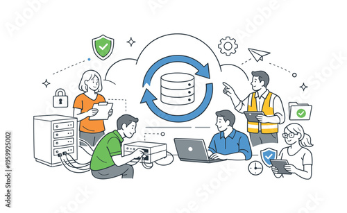 A data backup and disaster recovery planning scene showing IT professionals securing information and preparing systems together around a large cloud with a circular arrow and a