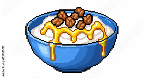 Pixel Art Bowl of Oatmeal with Honey and Nuts.