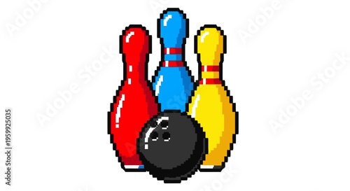 Pixel Art Bowling Ball and Pins Illustration.